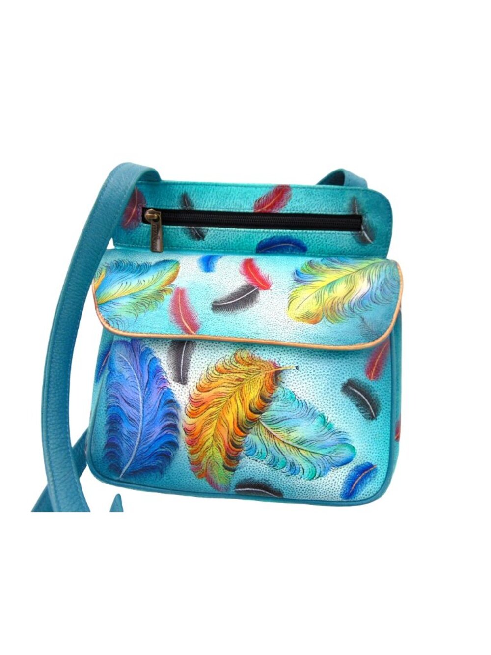 Anuschka Leather Crossbody Purse Wallet Teal Blue Feather Peacock Hand Painted - Picture 2 of 16